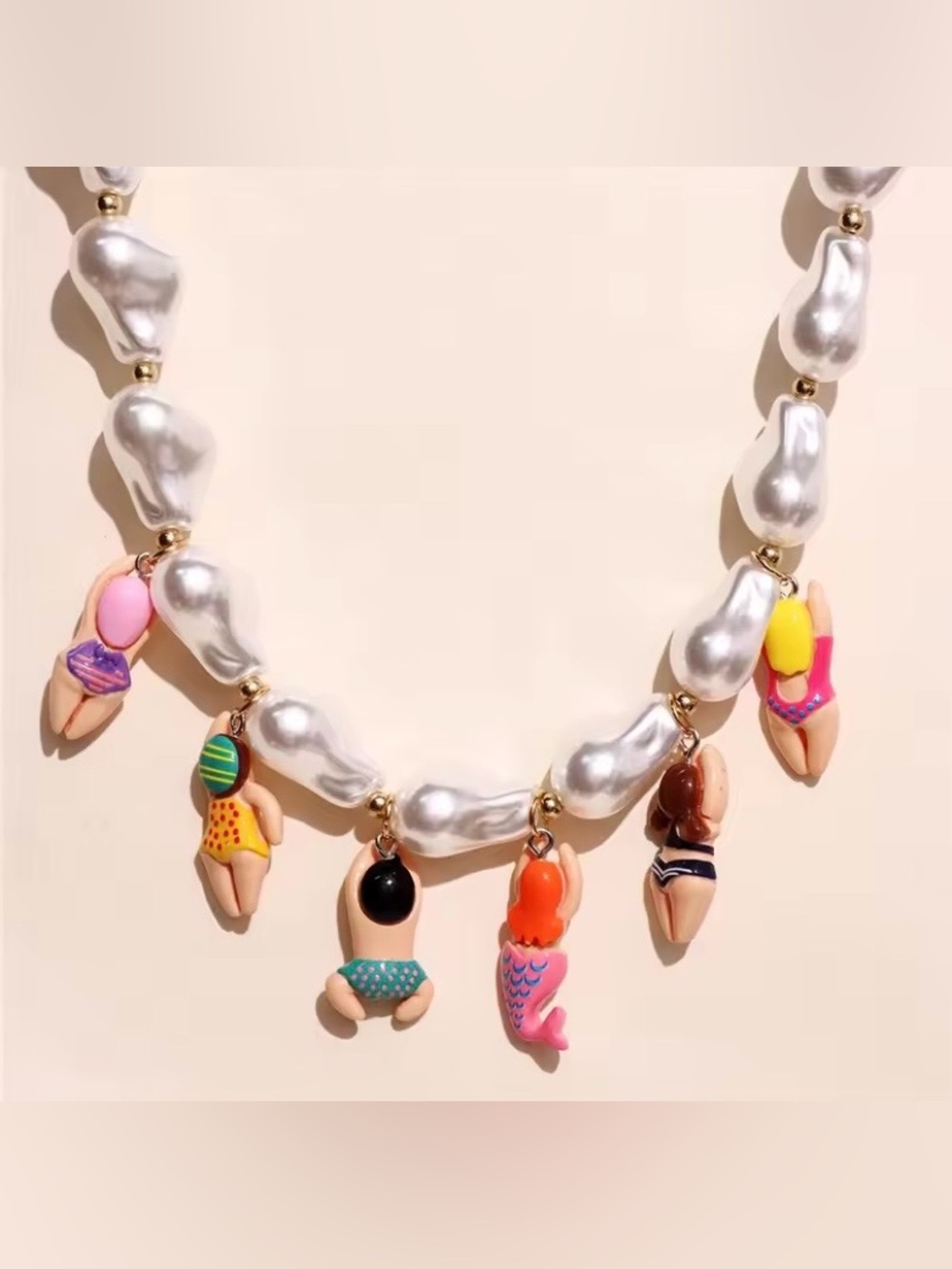 New! Pearl Necklace with Colorful Swimmer Charms. Unique Summer Necklace 👙 A1-31